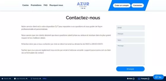 Contacts d'assistance Azur Casino