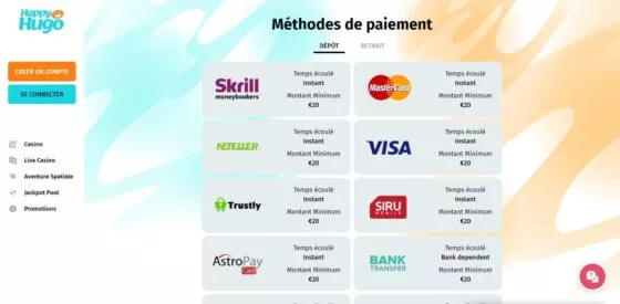 Systèmes de paiement Happy Hugo Casino