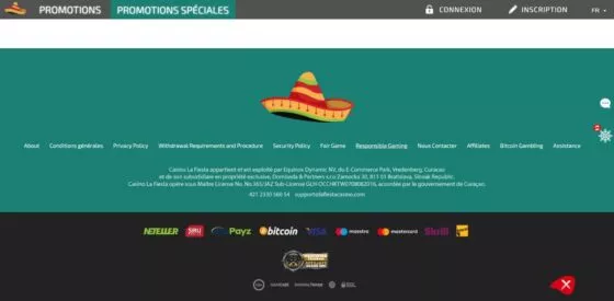 Systèmes de paiement La Fiesta Casino